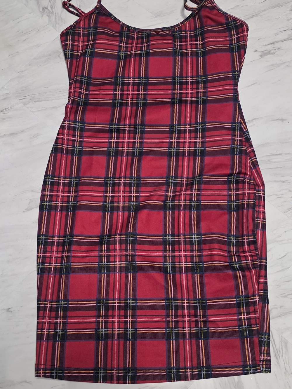 SHEIN Red Plaid Strappy Dress with Navy and Yellow Accents